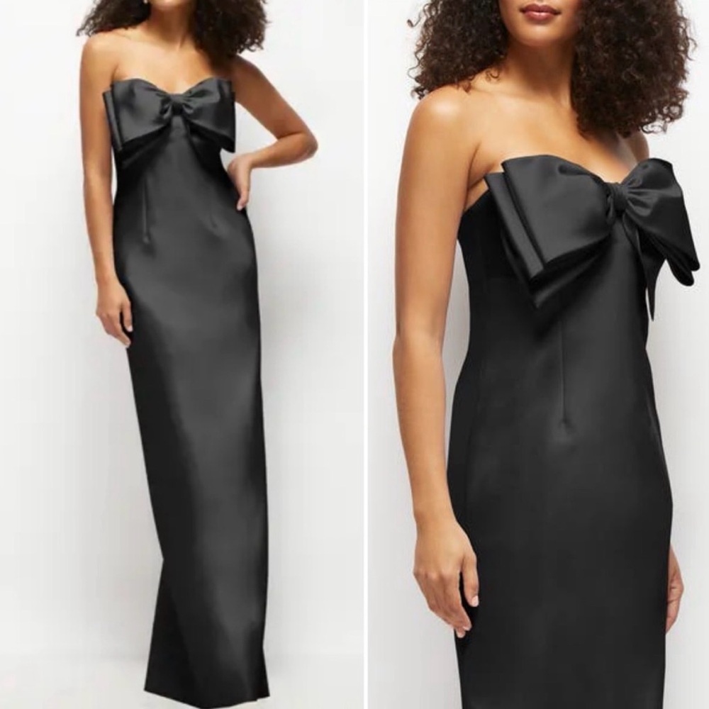 NEW Alfred Sung Bow Detail Strapless Satin Twill Column Gown Black Maxi Size 4